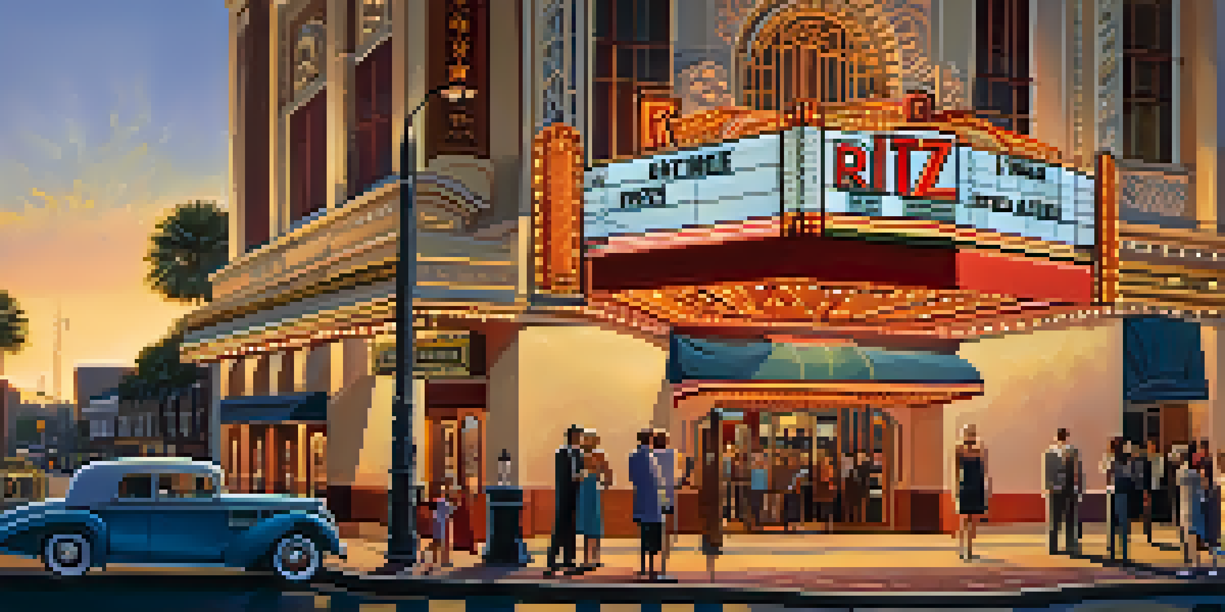 Exterior view of the Ritz Theatre with Art Deco design, illuminated by sunset light and a crowd of people outside.