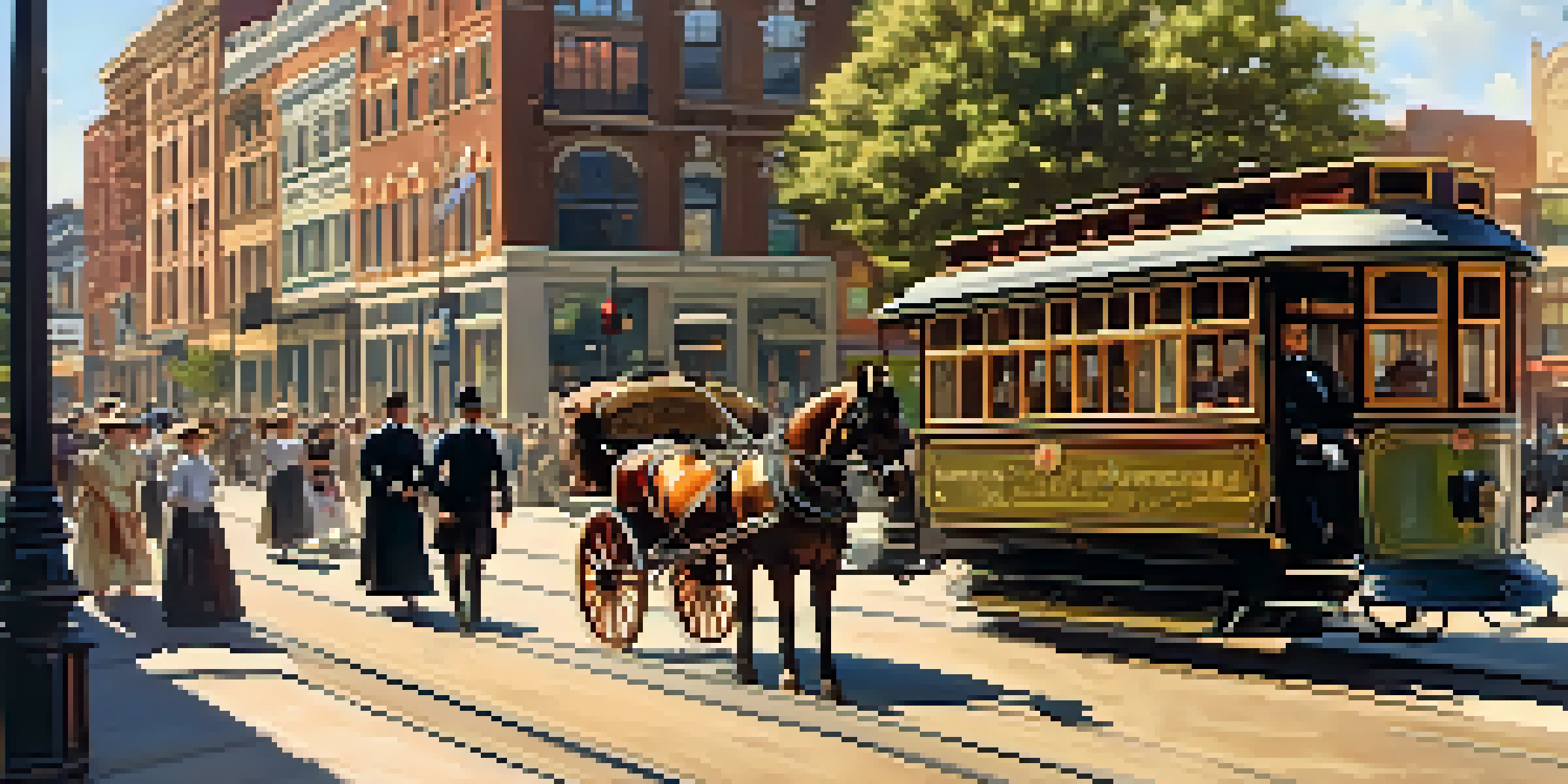 A vintage streetcar on a Jacksonville street with pedestrians and historic buildings in the background.
