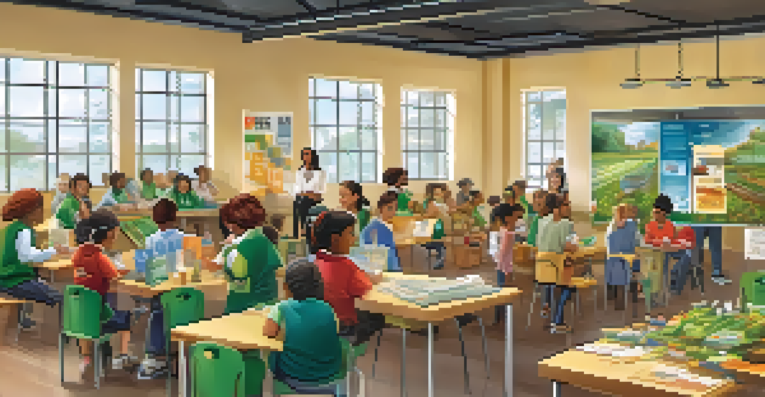 Participants in a recycling workshop at a community center, surrounded by educational materials and recycling bins.