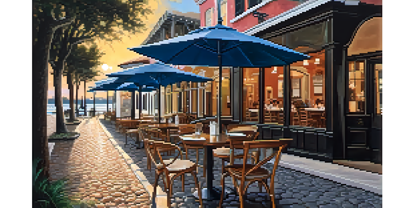 A charming outdoor café with diners enjoying meals, set against cobblestone streets and the St. Augustine Lighthouse during sunset.