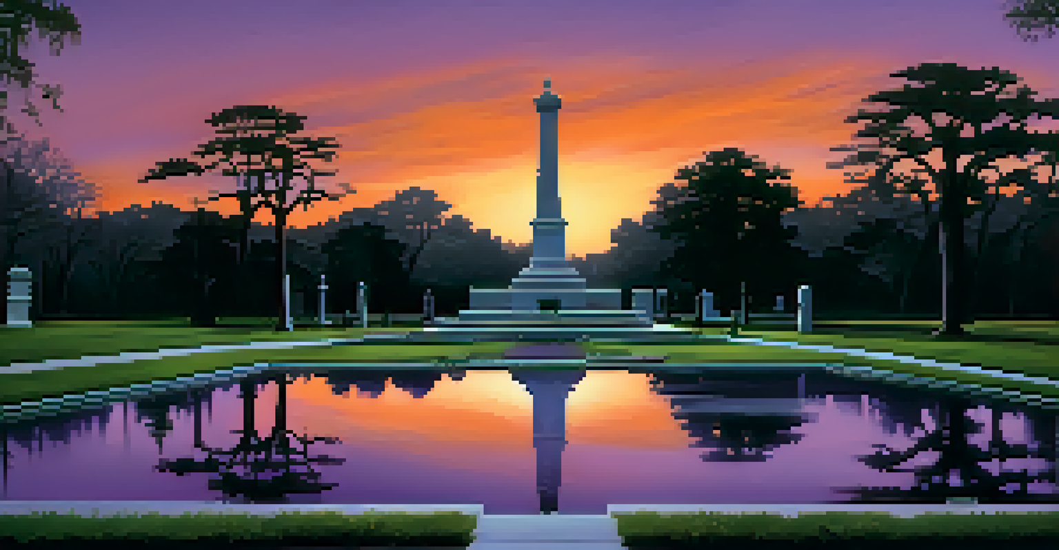 A wide view of a historic cemetery at twilight, featuring trees and monuments against a colorful sunset sky.