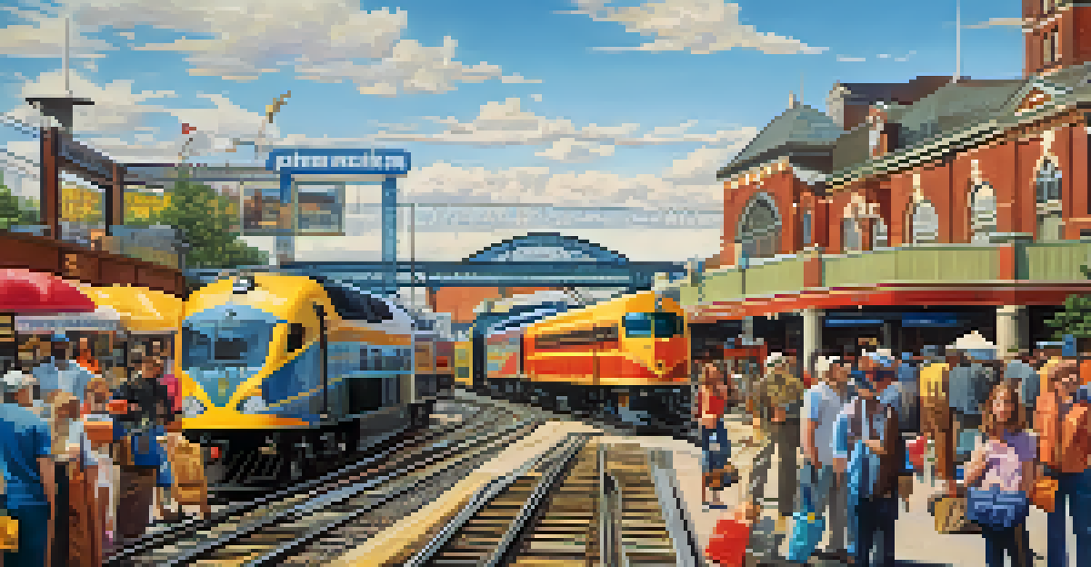 A busy train depot in Jacksonville showcasing economic growth with people, goods, and colorful advertisements.
