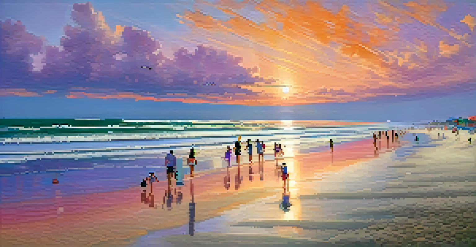 A beautiful sunset at Jacksonville Beach with colorful umbrellas, soft waves, and people enjoying the seaside.
