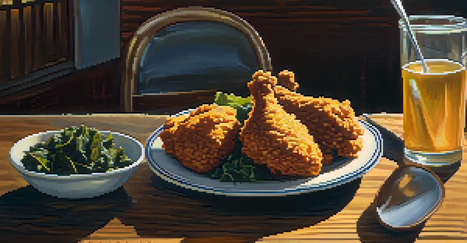 A delicious plate of soul food featuring fried chicken, collard greens, and cornbread on a wooden table with warm lighting.