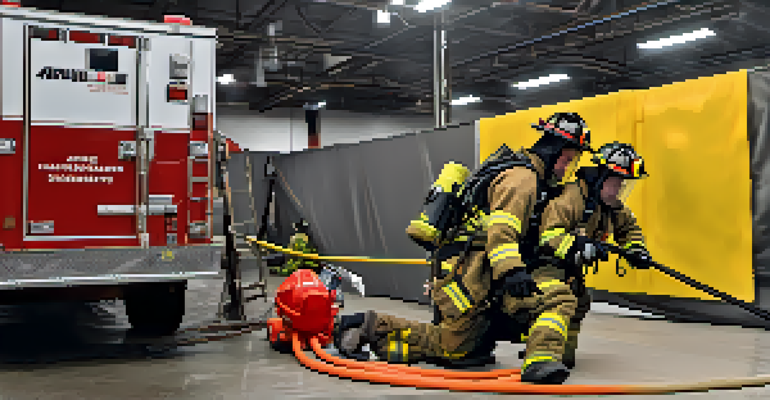 A volunteer firefighter in gear performing a simulated rescue operation in a training setting.