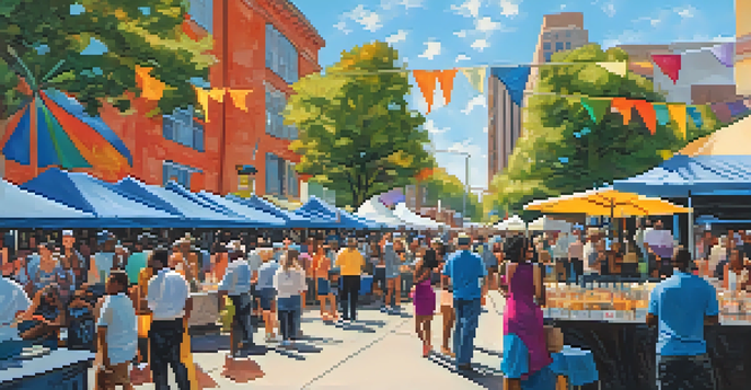 A lively crowd enjoying the Jacksonville Jazz Festival with stages, food vendors, and artists displaying their work.