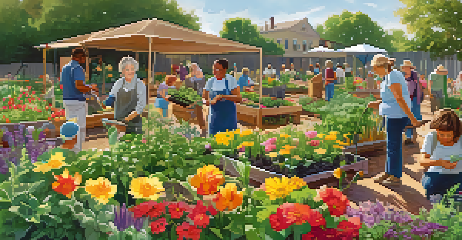 Residents of diverse backgrounds working together in a vibrant community garden, surrounded by colorful flowers and vegetables under bright sunlight.