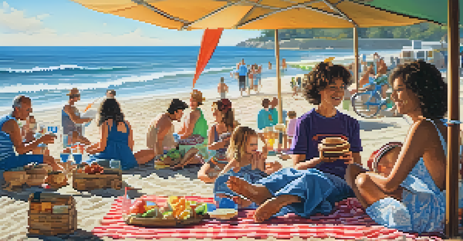 A family having a picnic at the Springing the Blues Festival, with children face painting and live music in the background on a sunny beach.