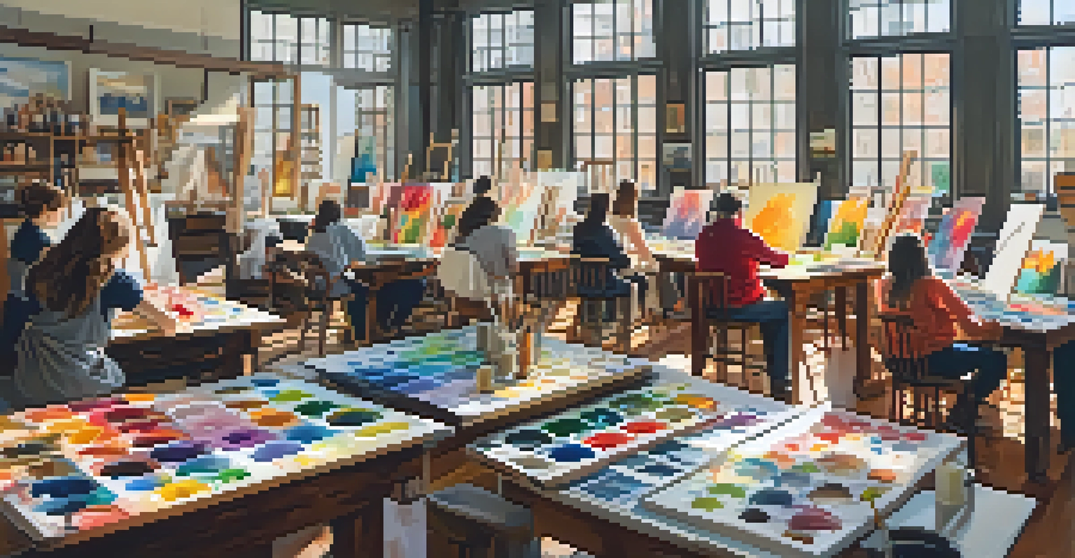 A cozy painting workshop with local artists of different ages working on their canvases, surrounded by art supplies in a well-lit room.