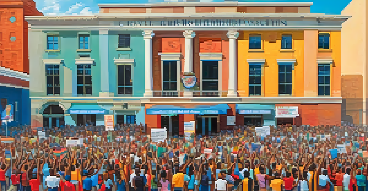 A color image of a diverse community rally supporting civil rights sit-ins, with participants holding banners and signs in front of a historic building.
