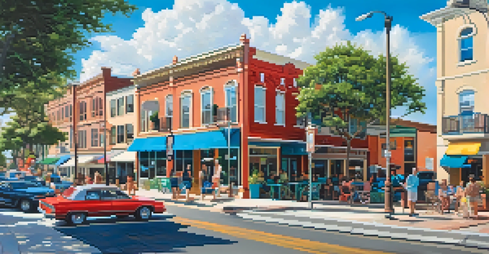 A vibrant cityscape of Jacksonville featuring modern apartments and historic homes, with people enjoying outdoor cafes and walking dogs amidst lush trees.