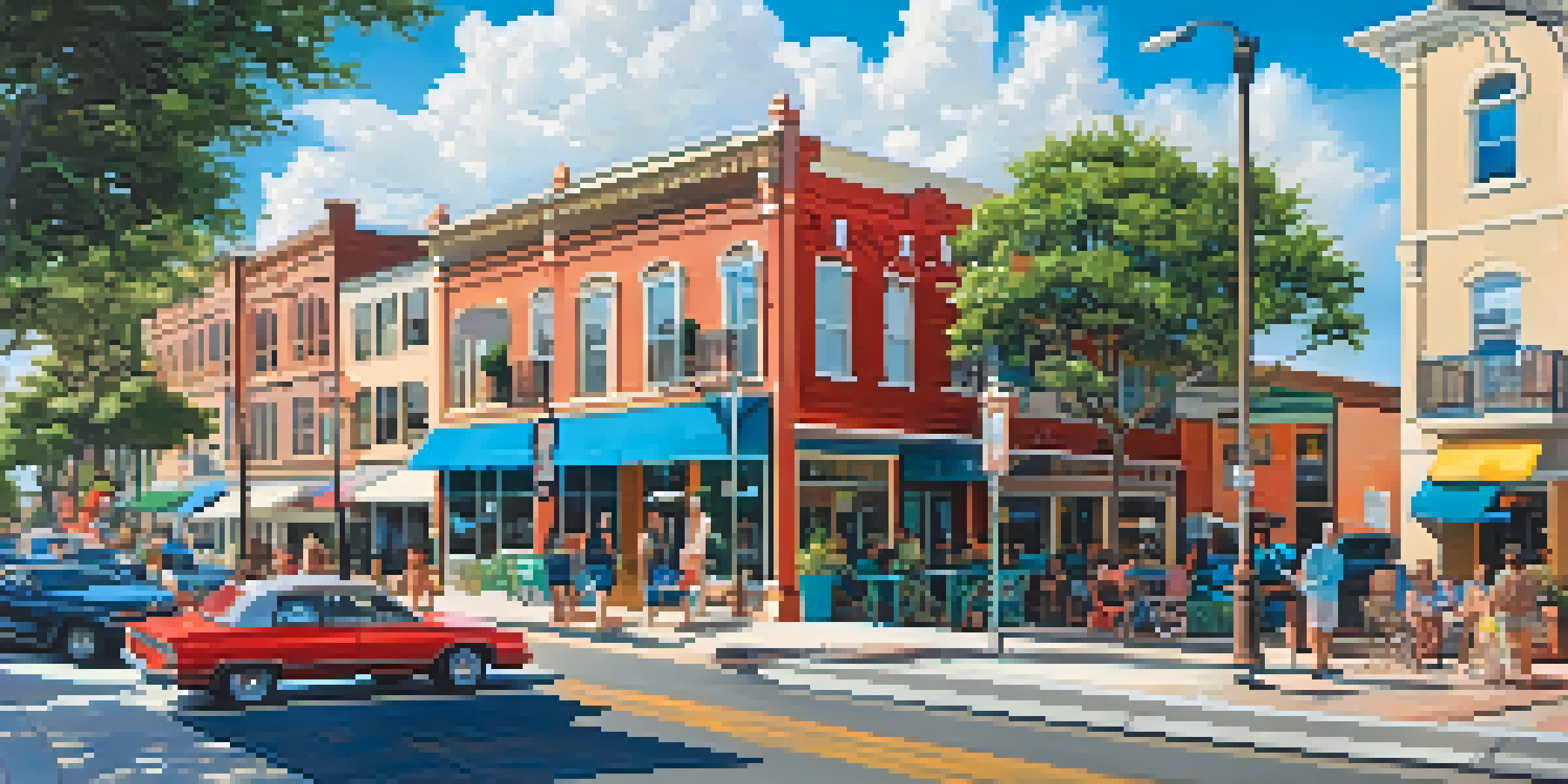 A vibrant cityscape of Jacksonville featuring modern apartments and historic homes, with people enjoying outdoor cafes and walking dogs amidst lush trees.