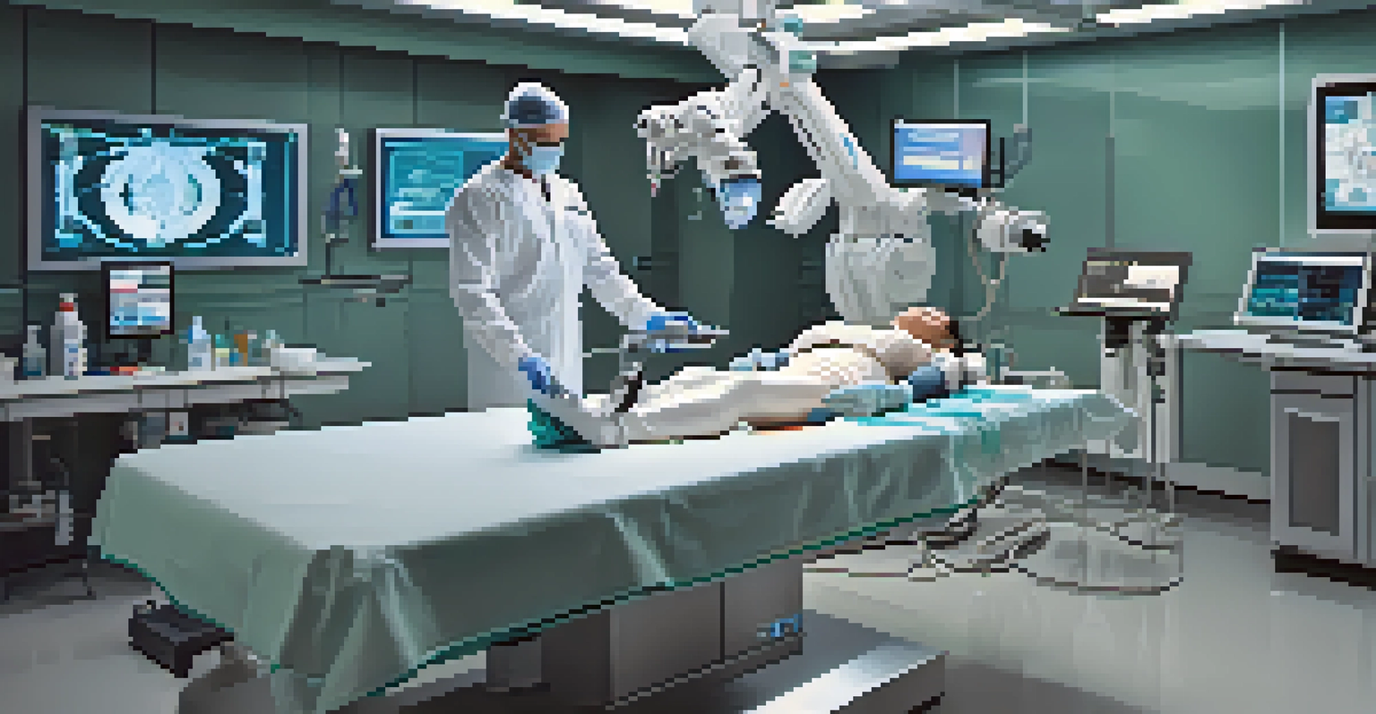 A surgeon using robotic systems in a futuristic surgical room, with monitors and sterile instruments in the background.