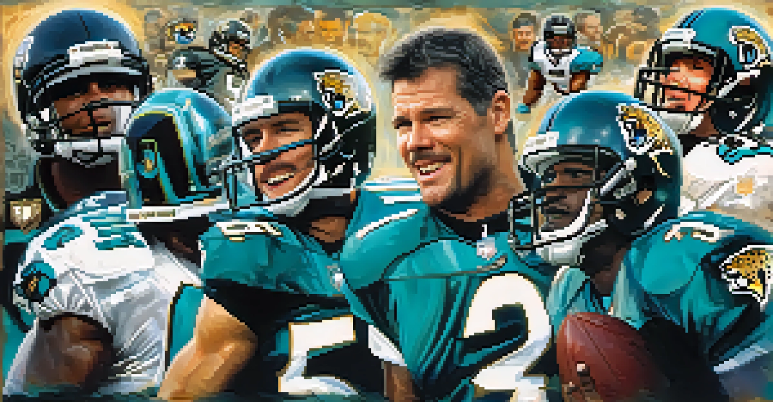 A collage of significant moments in Jacksonville Jaguars history, featuring star players and memorable game highlights.