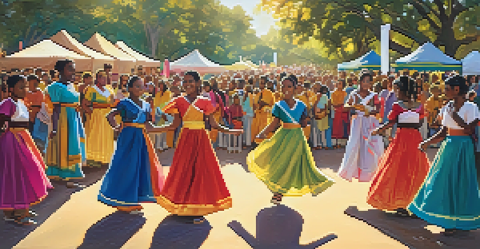 A lively cultural festival featuring young people in traditional attire, dancing and celebrating under the sunlight in a park decorated with cultural symbols.