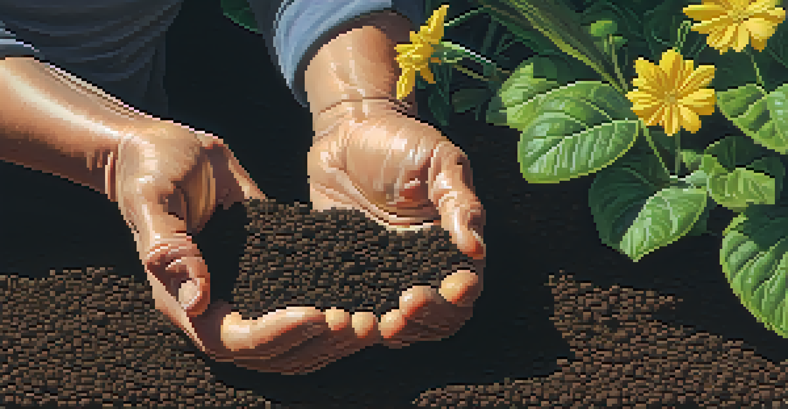 Close-up of hands planting seeds in dark soil, with green leaves and flowers visible in the background, illuminated by soft sunlight.