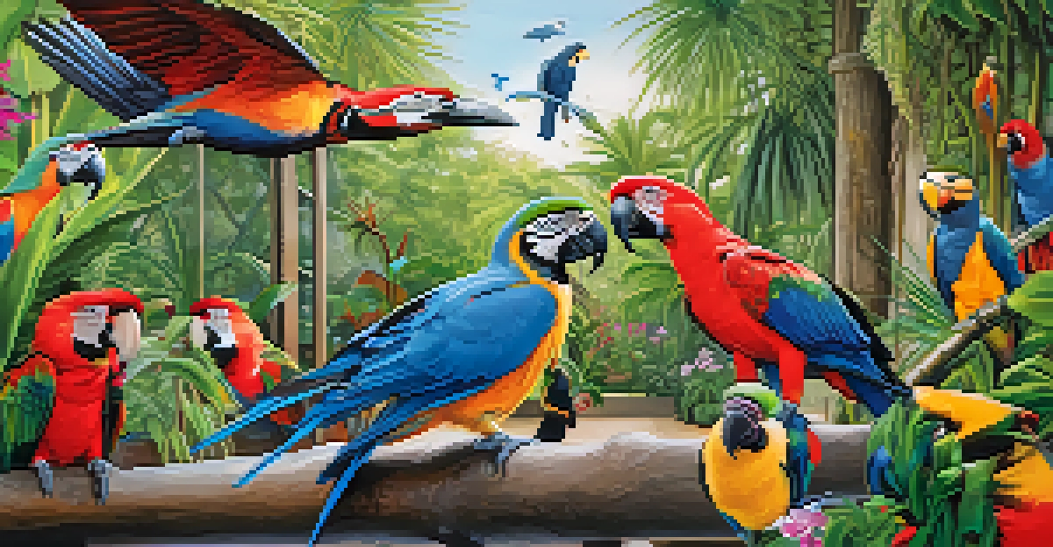 A lively aviary in the Jacksonville Zoo filled with tropical birds and lush greenery.