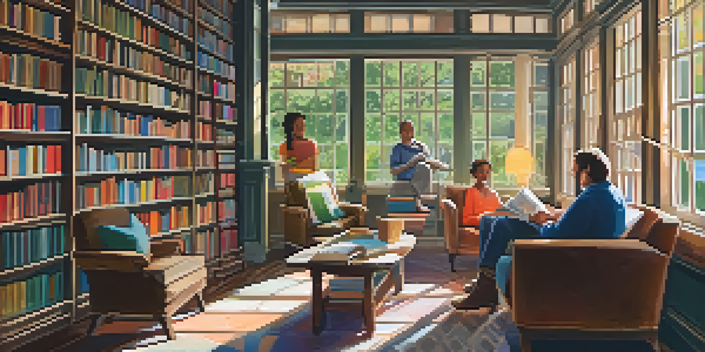 A cozy local bookstore in Jacksonville with wooden shelves filled with colorful books and a reading nook featuring a plush armchair. Sunlight filters through large windows.