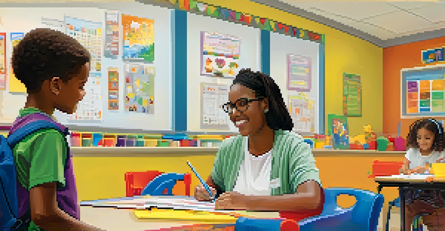 A special education classroom with a teacher helping a child, filled with educational tools and a warm, inclusive atmosphere.
