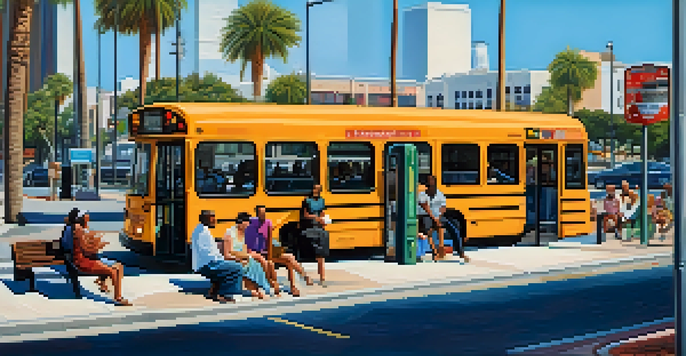 A busy bus stop in Jacksonville with diverse commuters, bright bus signs, and palm trees under a blue sky.