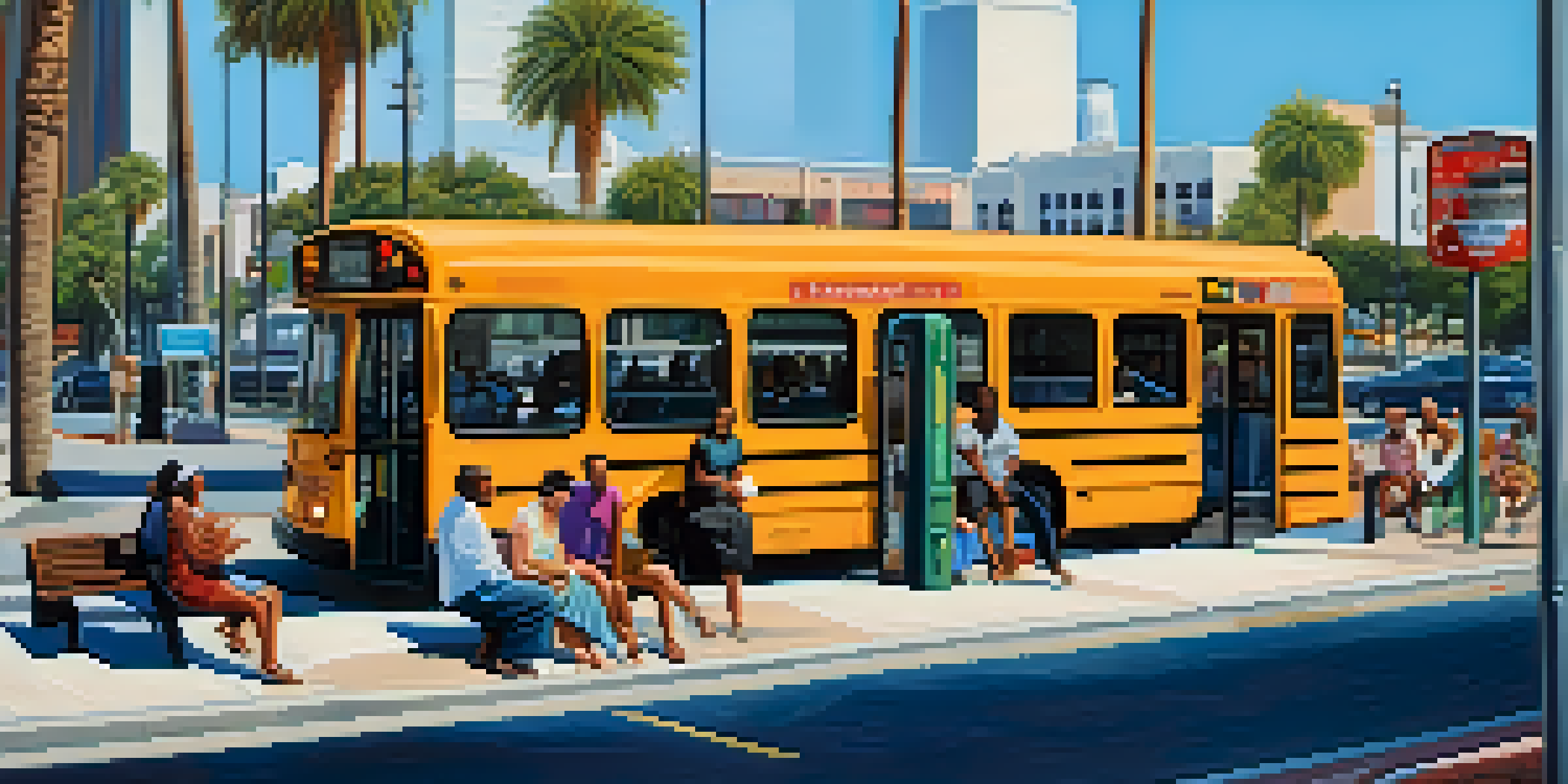 A busy bus stop in Jacksonville with diverse commuters, bright bus signs, and palm trees under a blue sky.