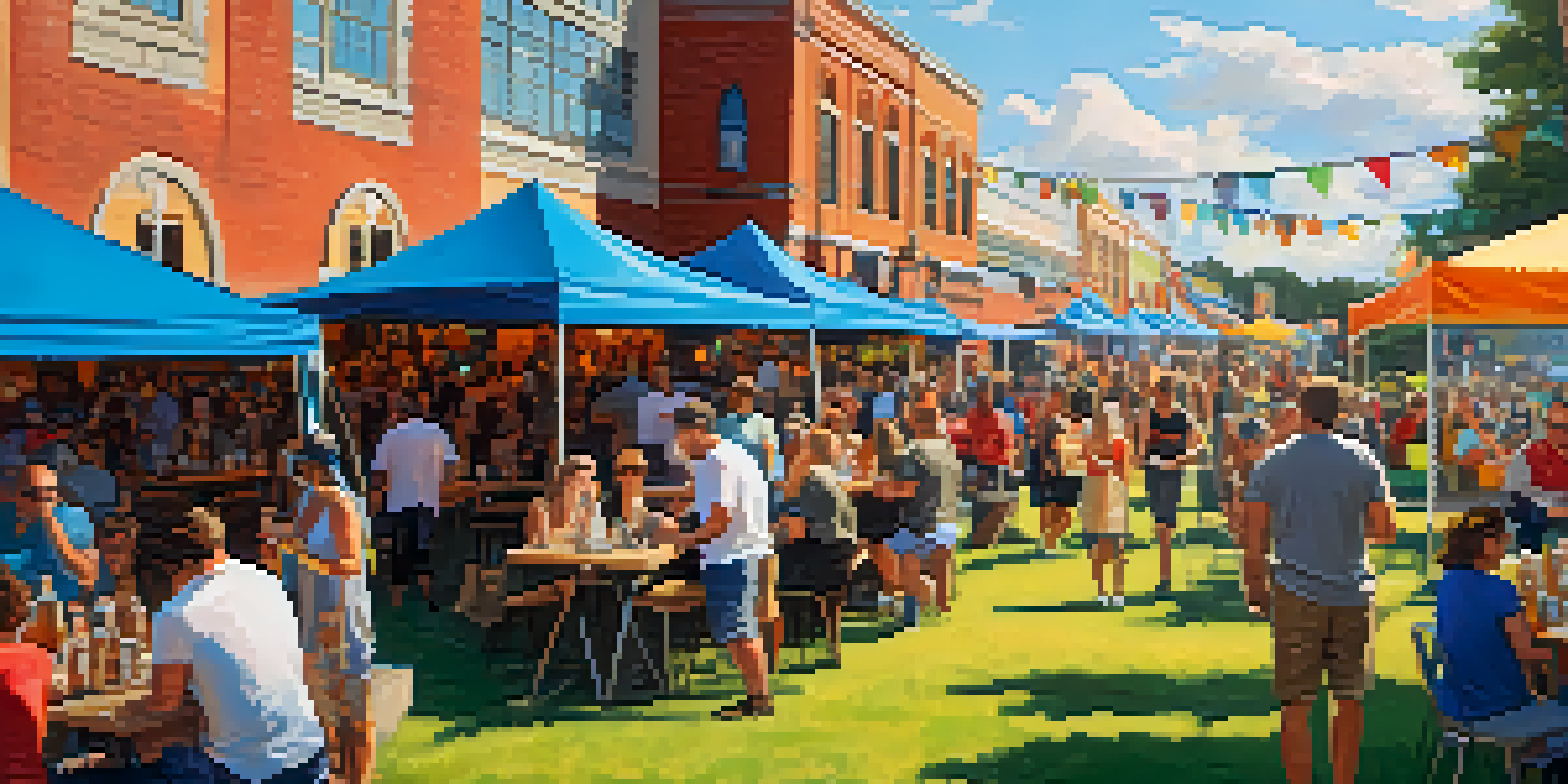 A bustling outdoor craft beer festival with colorful tents, people enjoying craft beers, food trucks, and live music under a sunny sky.