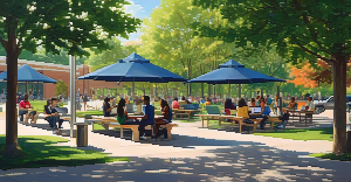 A diverse group of students studying outdoors on a community college campus surrounded by greenery and flowers.