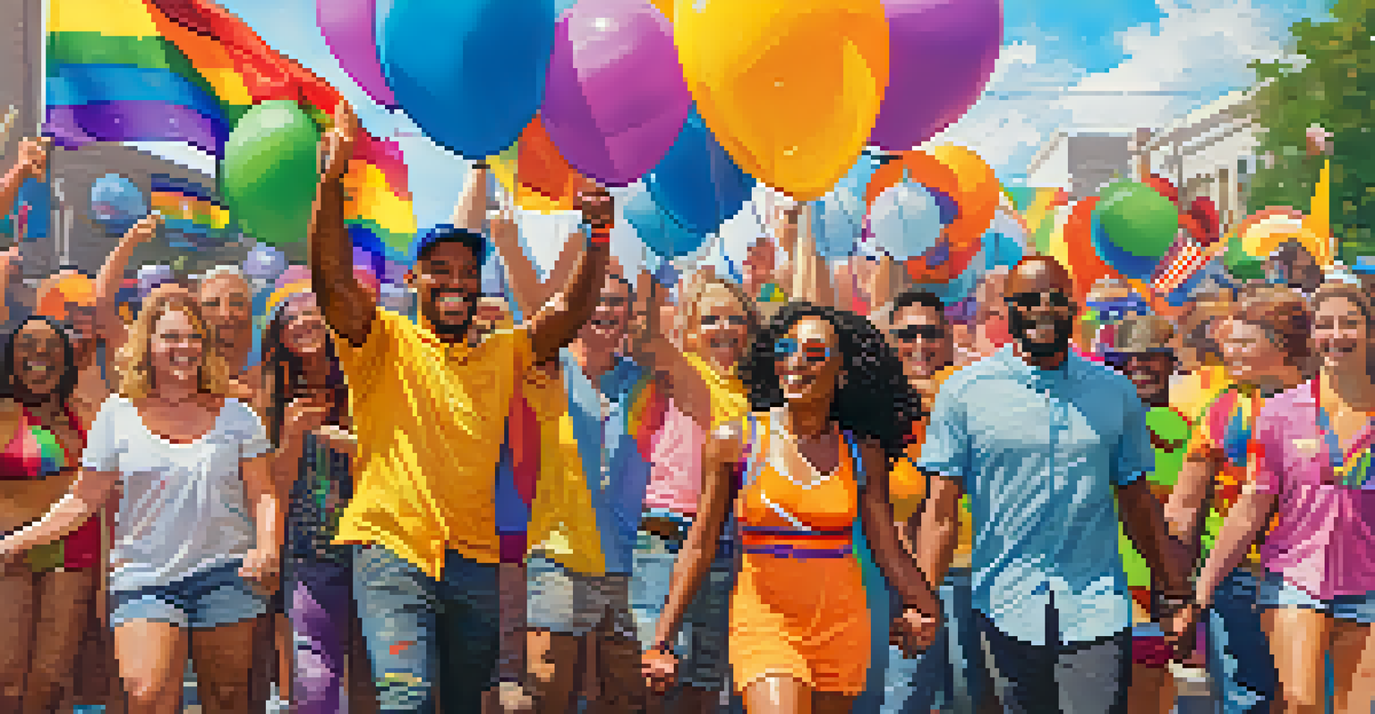 A diverse group of individuals celebrating joyfully at Jacksonville's Pride Festival, dressed in rainbow attire and surrounded by a festive atmosphere.