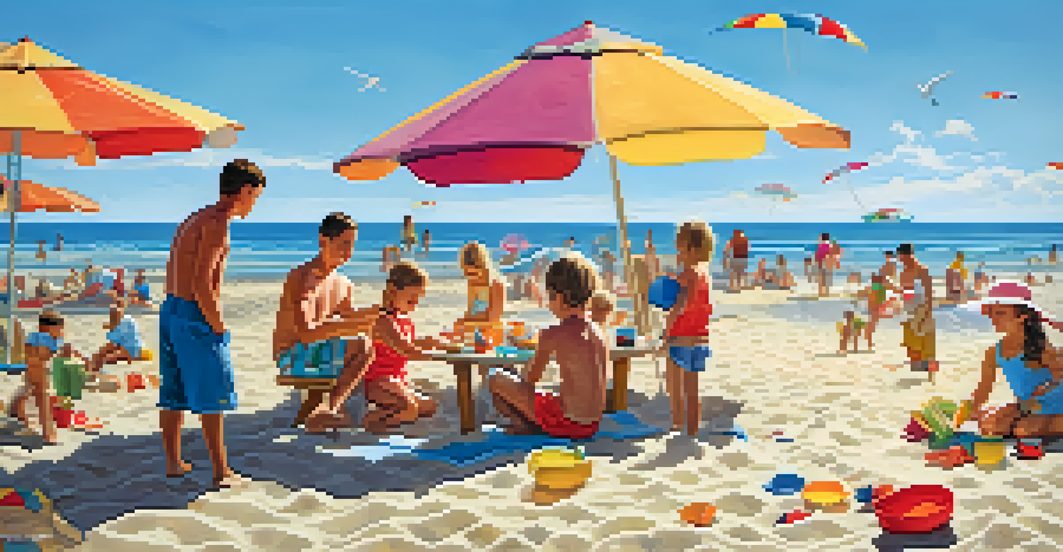 A family enjoying a fun day at Jacksonville Beach with kids playing and adults relaxing.