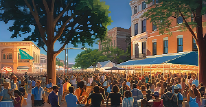 A vibrant outdoor jazz festival in Jacksonville with a diverse audience enjoying live music, musicians playing instruments, and a colorful sunset in the background.