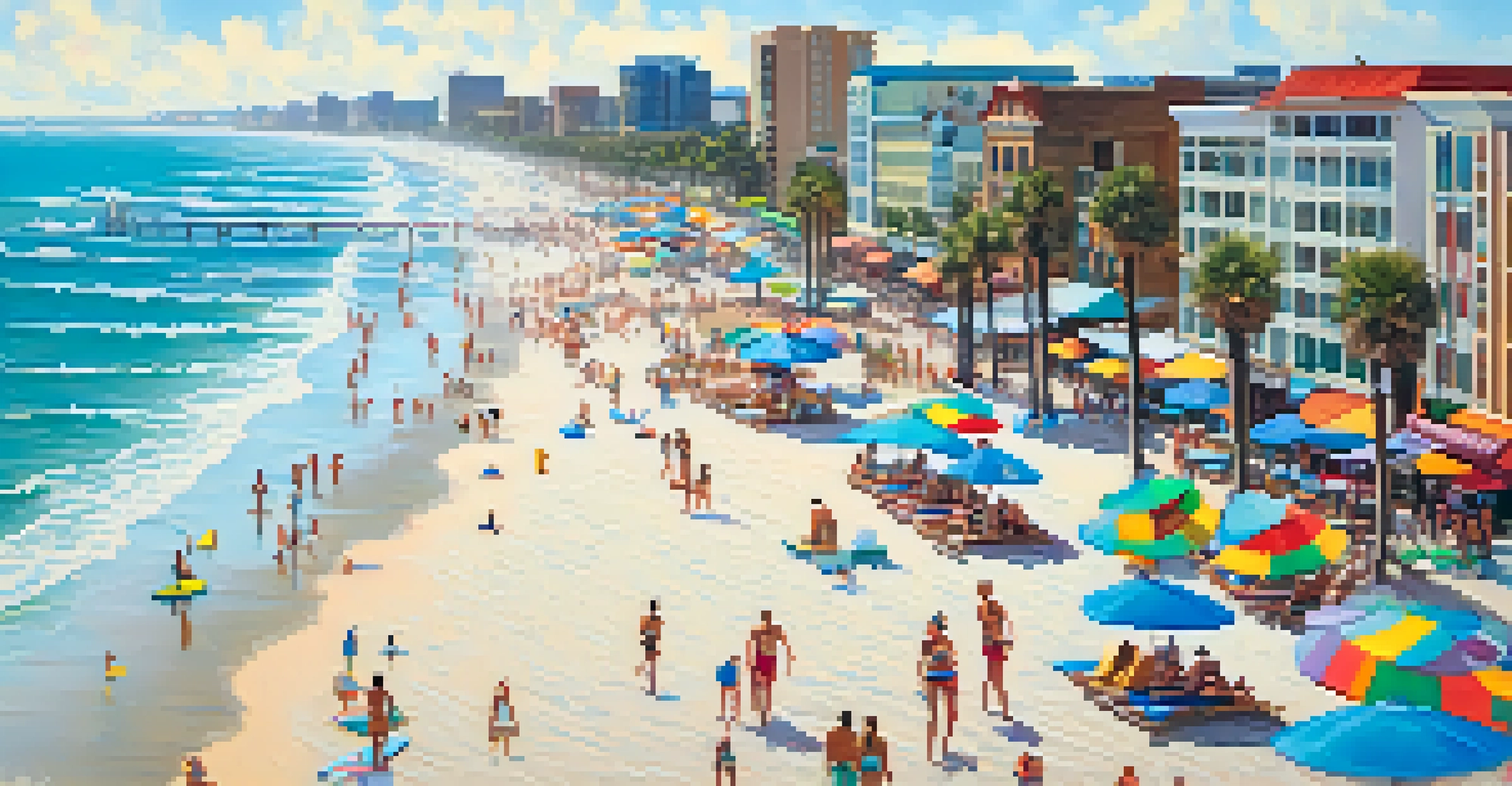 Aerial view of Jacksonville Beach with surfers, paddleboarders, and beachgoers enjoying a sunny day, vibrant beach umbrellas visible.