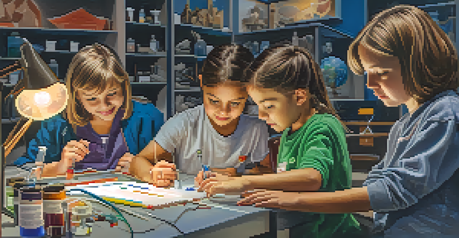 A family collaborating on a science project in a workshop at the Museum of Science and History, surrounded by scientific tools and colorful materials.