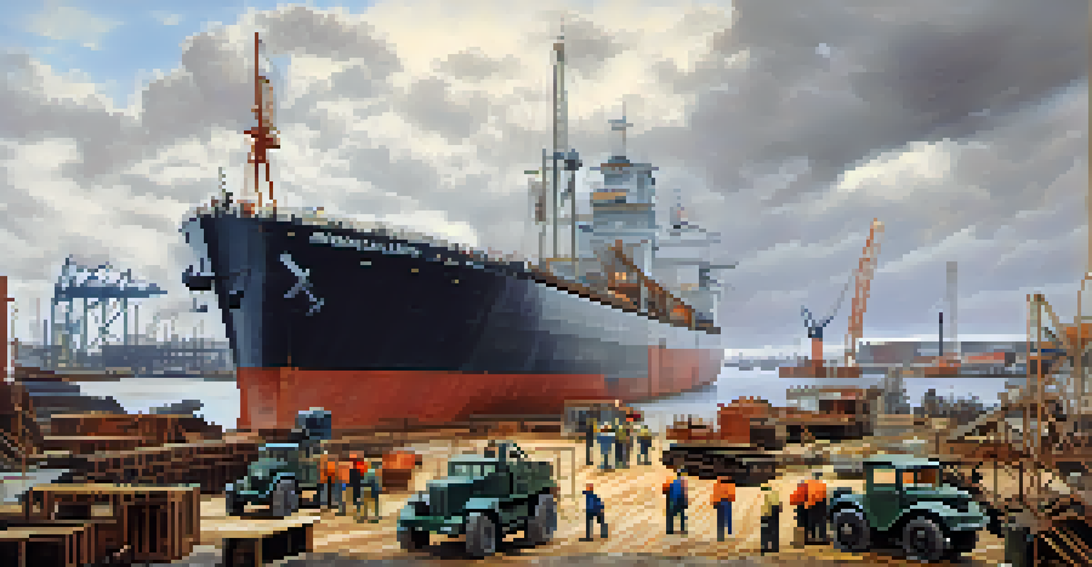 A World War II shipyard in Jacksonville, featuring workers constructing military vessels with cranes in the background and an overcast sky.