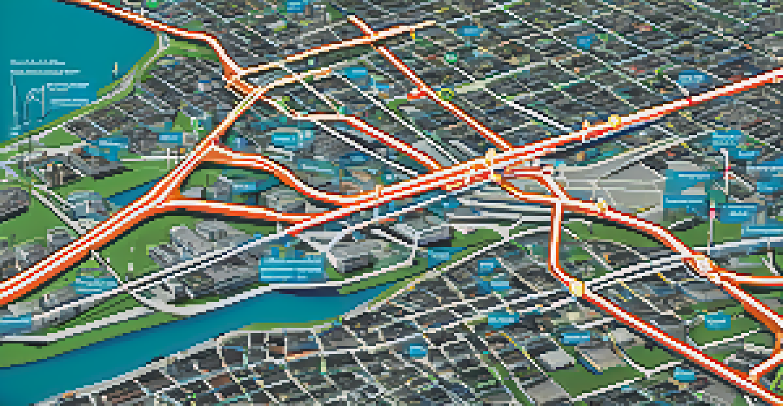 An aerial view of a map of Jacksonville's public transit network, showing various bus routes and icons representing electric buses and smart technologies.
