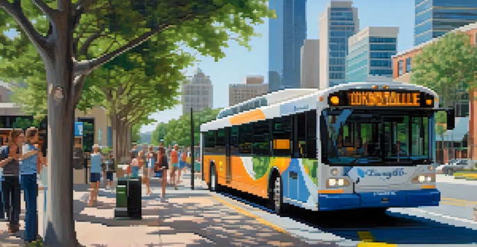 A modern electric bus at a transit stop in Jacksonville with passengers boarding and alighting, surrounded by greenery and contemporary buildings.