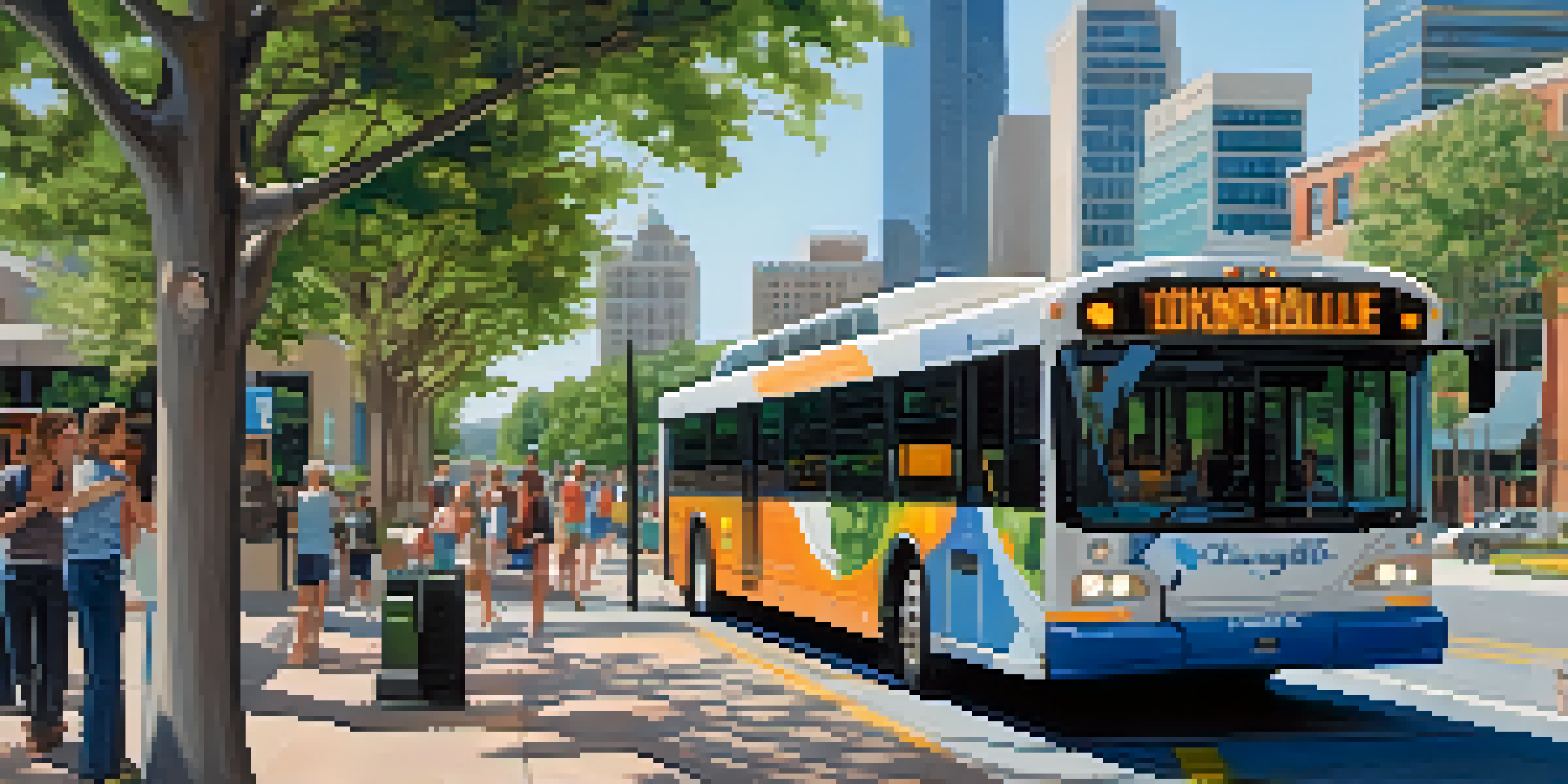 A modern electric bus at a transit stop in Jacksonville with passengers boarding and alighting, surrounded by greenery and contemporary buildings.