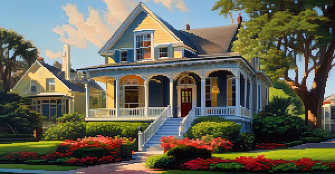 A vibrant Jacksonville neighborhood with historic homes and blooming flowers under a golden hour sky.