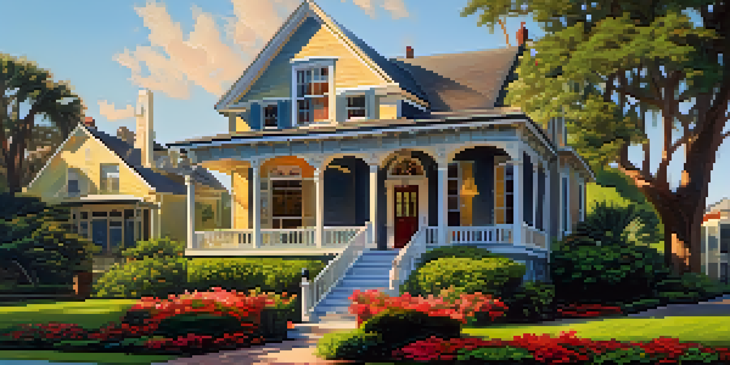 A vibrant Jacksonville neighborhood with historic homes and blooming flowers under a golden hour sky.