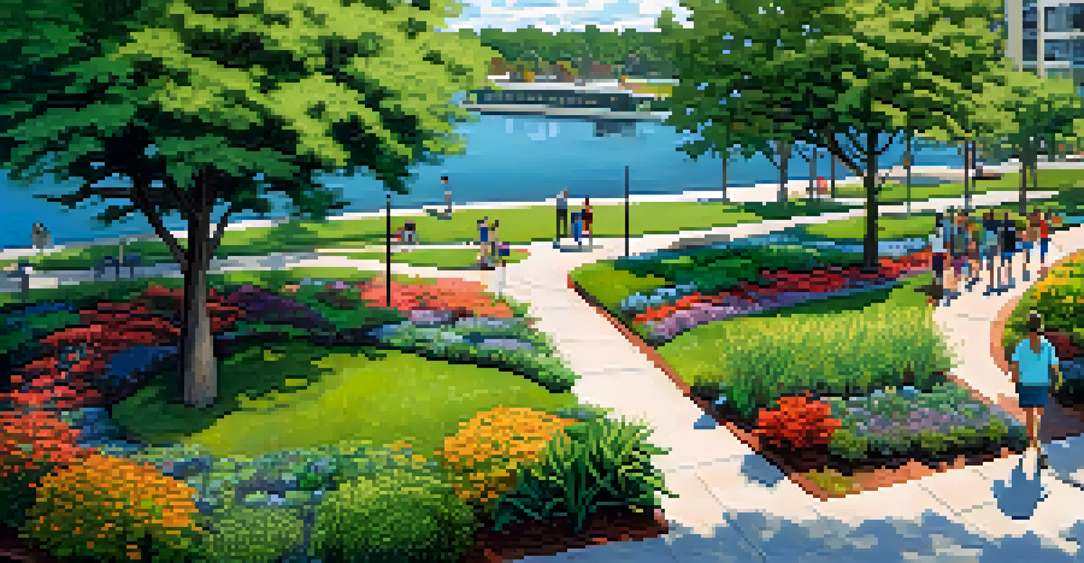 An aerial view of a lush urban green space in Jacksonville, with families picnicking and people jogging along paths.
