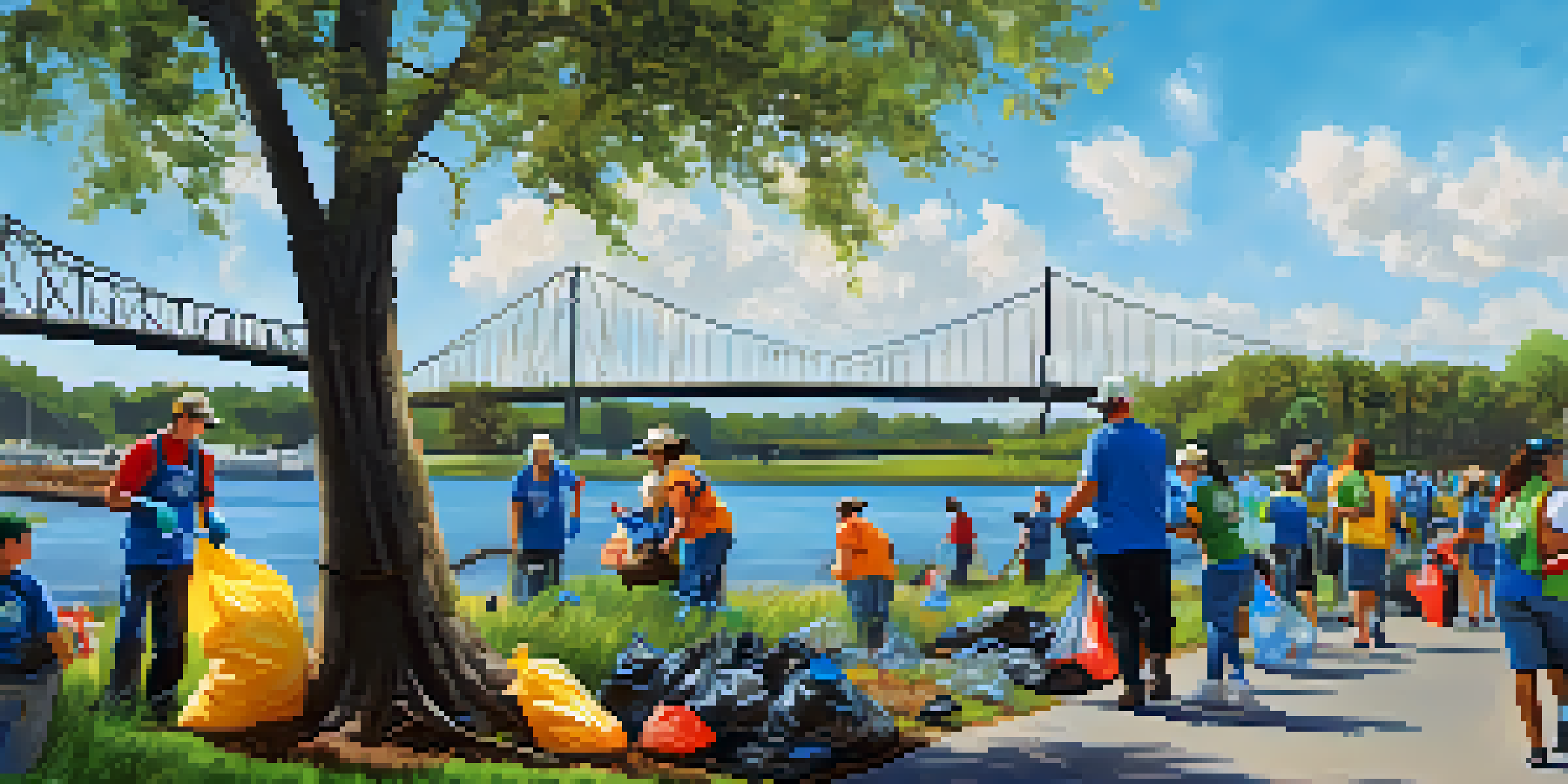 Diverse volunteers participating in a community clean-up along the St. Johns River, surrounded by trees and a clear blue sky.