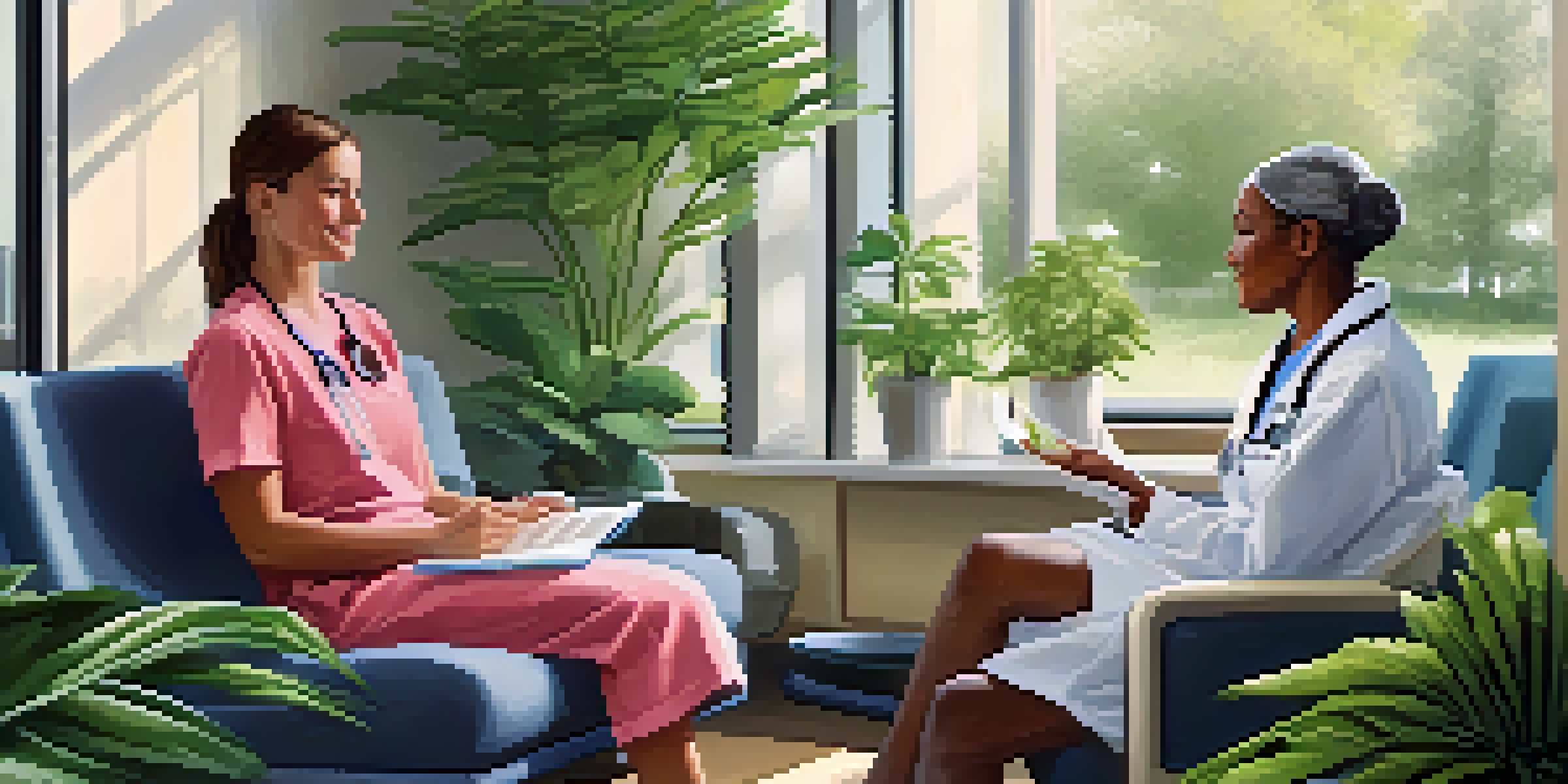 A patient in a modern hospital waiting room, reading a brochure, with a nurse assisting another patient, surrounded by greenery and natural light.