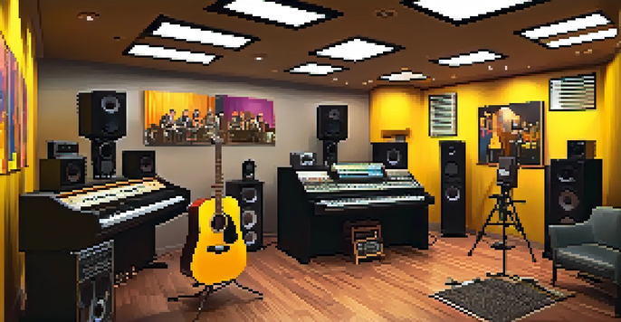 A lively recording studio with musicians collaborating, surrounded by instruments and acoustic panels, under warm yellow lighting.