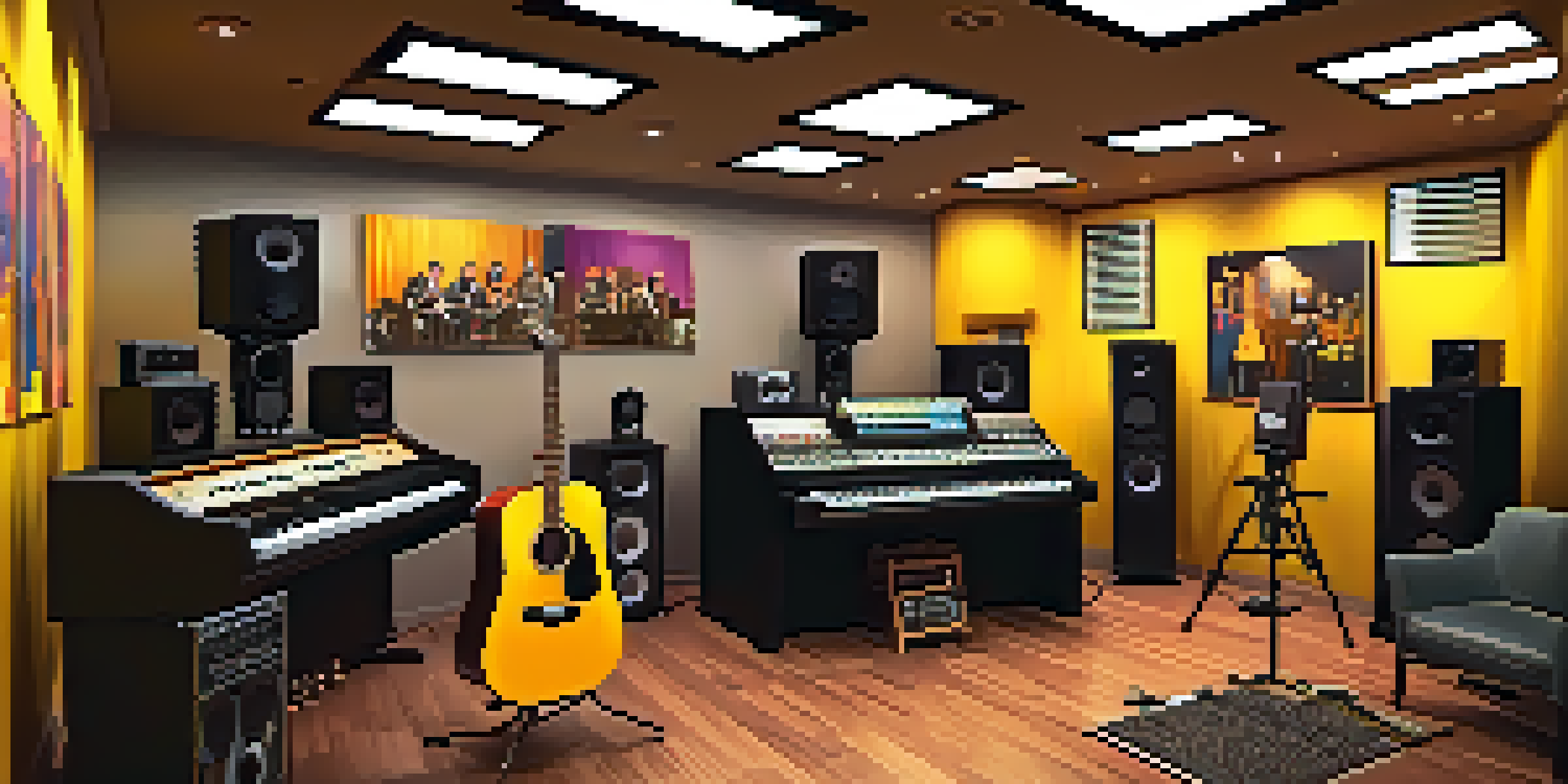 A lively recording studio with musicians collaborating, surrounded by instruments and acoustic panels, under warm yellow lighting.