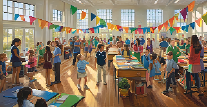 A school open house event with families and teachers interacting, colorful banners, and sunlight illuminating the interior.