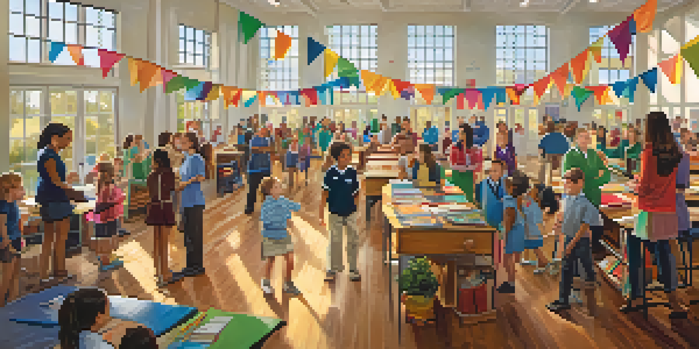 A school open house event with families and teachers interacting, colorful banners, and sunlight illuminating the interior.