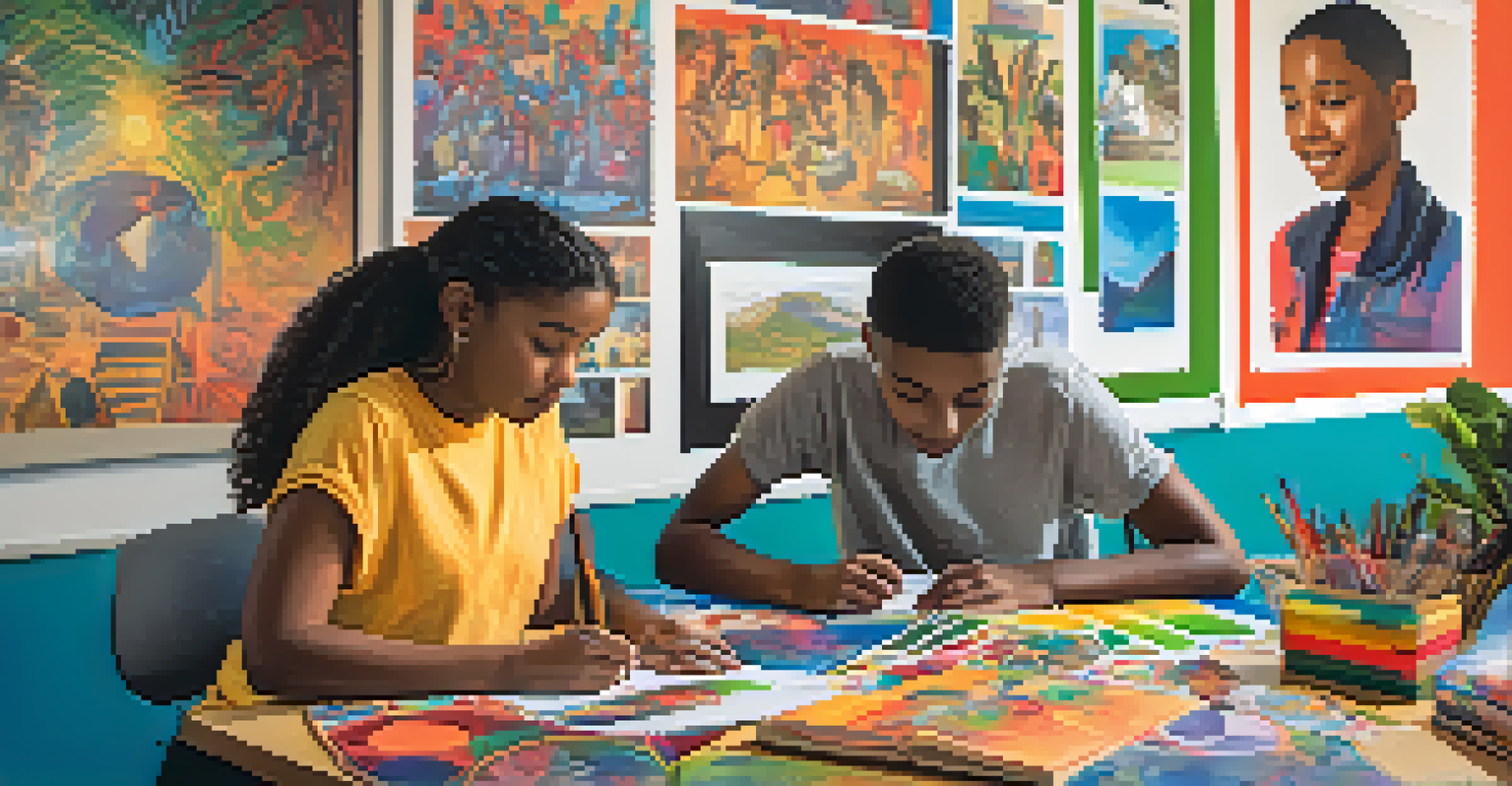 A mentor and a young person working together on a creative project in a colorful classroom.