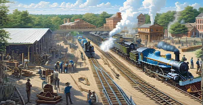 A historical depiction of early railroad construction in Jacksonville with workers laying tracks and steam locomotives, surrounded by greenery.