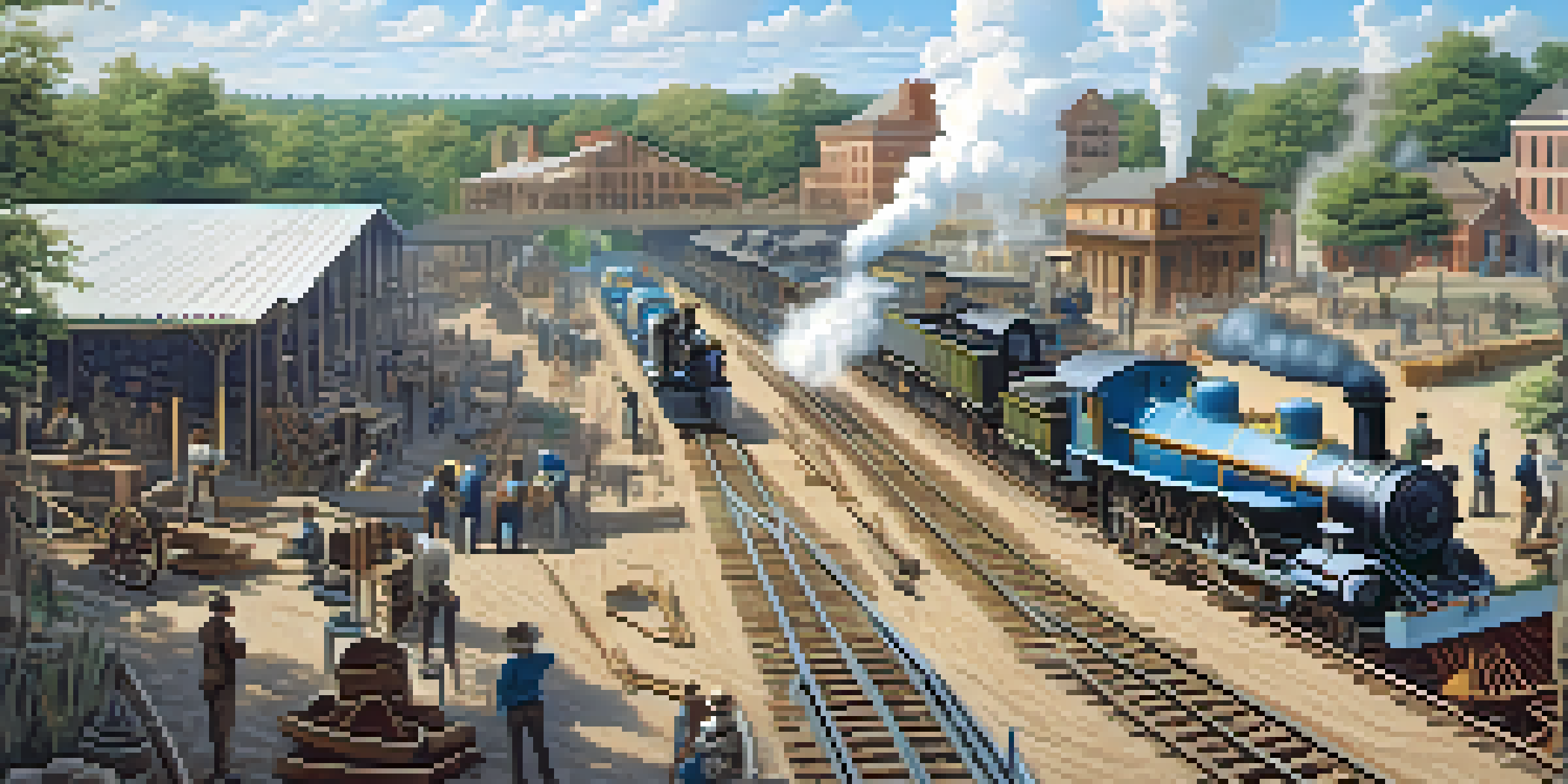 A historical depiction of early railroad construction in Jacksonville with workers laying tracks and steam locomotives, surrounded by greenery.