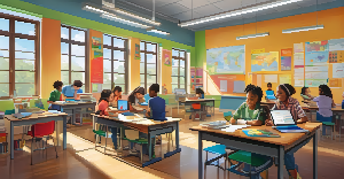 A lively classroom with students of various backgrounds focused on their individual learning tasks, colorful educational materials, and a bright environment.