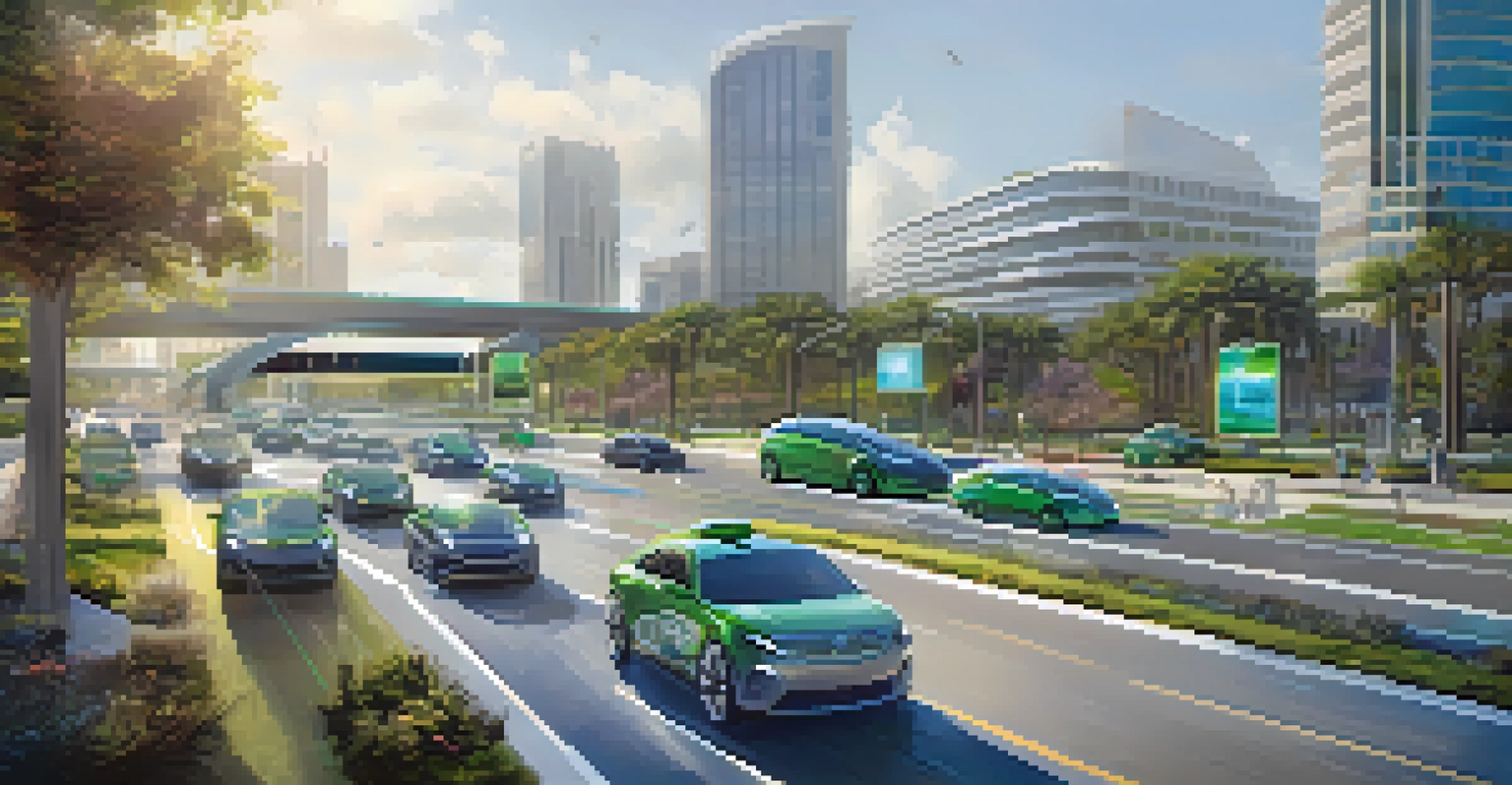 A futuristic view of Jacksonville transportation with autonomous vehicles, smart road systems, and green spaces.